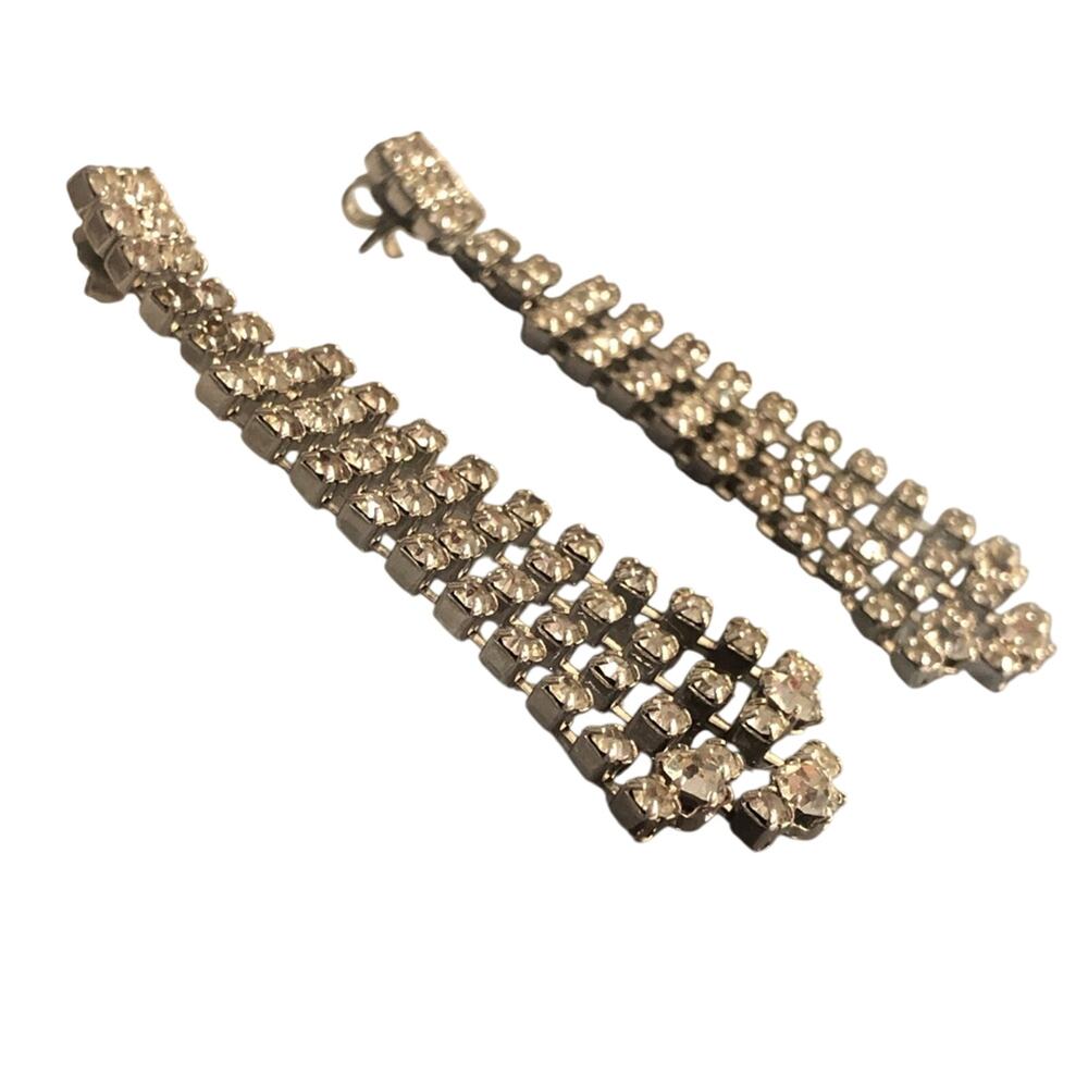 90's Vintage Rhinestone Dangle Drop Chandelier Earrings Silver Tone Post Style - Picture 11 of 16